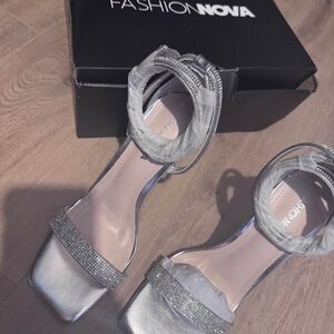 Fashion Nova Silver Heels with Rhinestone Accents